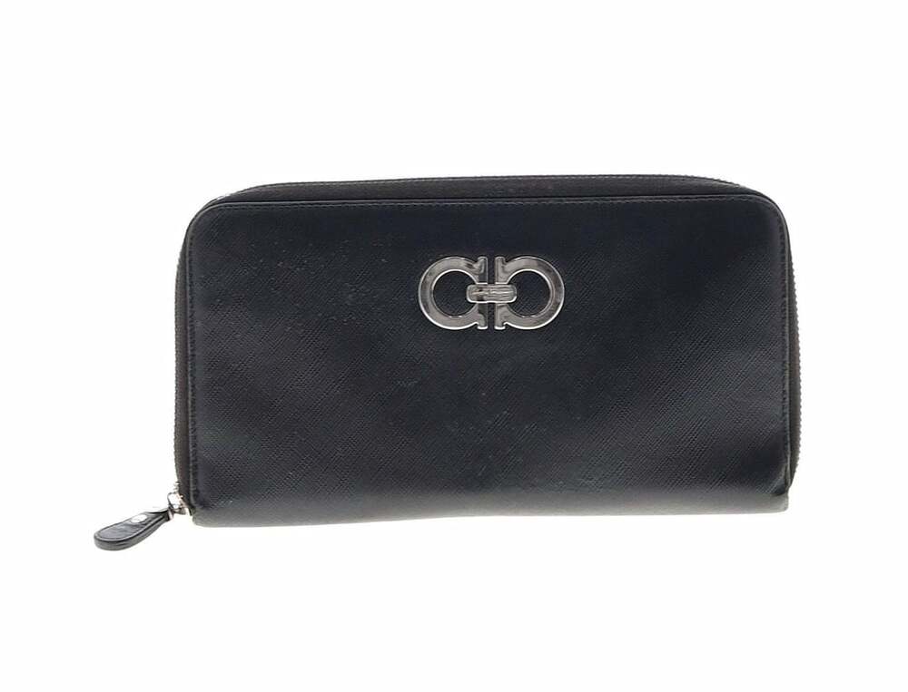 Salvatore Ferragamo Gancini Zip Around Wallet Black Leather